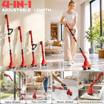 NATBEESY 2 in 1 Electric Spin Scrubber Compatible with Milwaukee 18V Battery (Tool Only), Dual Head Power Scrubber, 680/1200 RPM, 45° Adjustable Head, Extendable Handle for Tile, Tub, Floor & Bathroom - color: Red