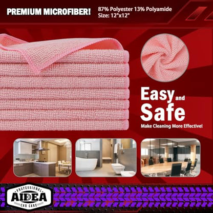 AIDEA Microfiber Cleaning Cloth Pink 10PK, Microfiber Towels 12×12" - color: Pink, size: 10PK