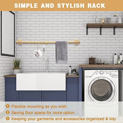 Gold Wall Mount Iaundry Drying Rack - 54" Pipe Garment Rack, Portable Heavy Duty Iron Closet Hanger Rod, Modern Metal Detachable DIY Hanging Bar for Laundry Room and Closet Storage - size: Gold 54" x1 pcs(2Base)
