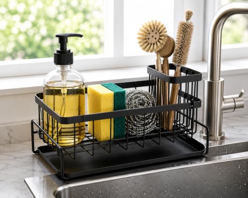 Kitchen Sink Caddy Organizer with Removable Drain Tray, Rustproof Sponge Holder for Kitchen Counter, Carbon Steel Organizer for Soap Dispenser, Scrub Brush & Cleaning Accessories.