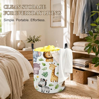 Cute Animals Laundry Basket, Jungle Leaves Collapsible Laundry Hamper Waterproof Oxford Cloth With Handles, Clothes Storage Bucket For Bathroom/Bedroom 16" x 20.8" - color: Cute Animals