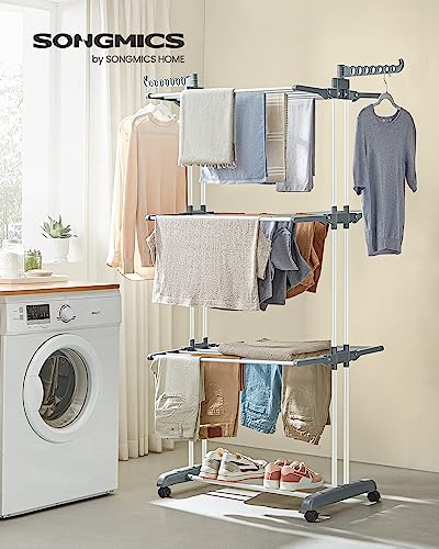 SONGMICS 4-Tier Clothes Drying Rack, Foldable, Rolling, 66.6-Inch Tall - color: White + Gray, style: 4-Tier