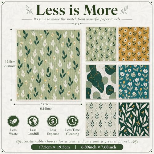 Shwing Swedish Dishcloths for Kitchen 6 Pack Green Botanical Leaf Minimal Floral Reusable Paper Towels Kitchen Towels Dish Cloths for Washing Dishes Washable Quick Drying Absorbent Cleaning Cloths - color: Green Leaf Botanical