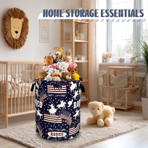 Western Cowboy Laundry Basket Oxford Cloth Foldable Hamper 18.9x16.5 Inch - color: Western Cowboy With American Flag
