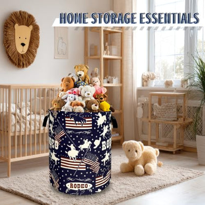 Western Cowboy Laundry Basket Oxford Cloth Foldable Hamper 18.9x16.5 Inch - color: Western Cowboy With American Flag