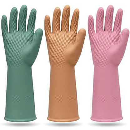 MAMISON 3 Pairs Colorful Reusable Waterproof Household Dishwashing Cleaning Rubber Gloves, Non-Slip Kitchen Glove - size: Medium
