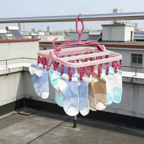 Sock Dryer with pegs for Washing line with 32 Clips and 360° Suitable for Socks Underwear Insoles Baby Clothes Gloves (Pink)