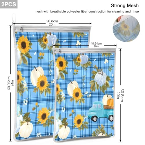 Mesh Laundry Bags Lingerie Bags for Washing Delicates 2 PCS Durable Wash Bag with Zipper Small and Medium Washable Blue Plaid Sunflower Pumpkin - color: Blue Plaid Sunflower Pumpkin