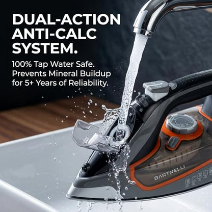 Bartnelli Pro Luxury Steam Iron for Clothes - 1700W Heavy-Duty Commercial Iron with Multi-Layer Ceramic Soleplate, Active Anti-Drip Technology, Smart 3-Way Auto Shut-Off & Precision Tip
