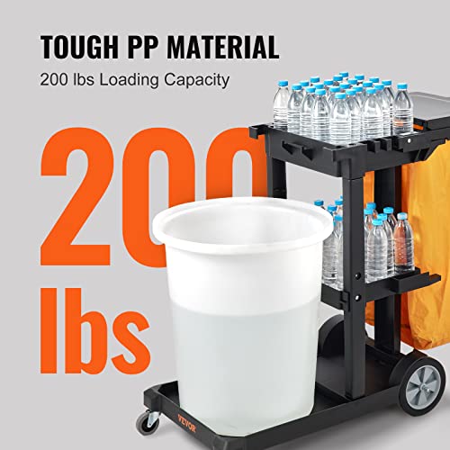 VEVOR Cleaning Cart, 3-Shelf Commercial Janitorial Cart, 200 lbs Capacity Plastic Housekeeping Cart, with 25 Gallon PVC Bag and Cover, 47 x 20 x 38.6in, Yellow&Black - color: Black+lid