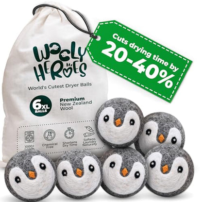 Chemical Free & Baby Safe! Reusable Wool Dryer Balls XL 6-Pack - Reduces Static, Cuts Dry Time, & Softens Naturally - color: 6 Penguins