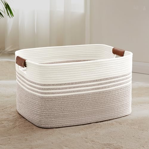 72L Large Woven Laundry Basket Hamper with Leather Handles,Brown - color: Brown, size: 72L