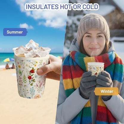Iced Coffee Sleeve Reusable Neoprene Cup Sleeves, Floral - color: Floral