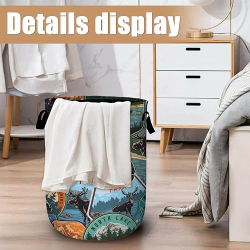 Retro Mountain Bear Laundry Basket, Foldable Wild Animals Laundry Hamper Tote Bag Dirty Clothes Storage Bucket Organizer for Bathroom/Laundry/Bedroom 15.7"x19.6" - color: Bear Deer