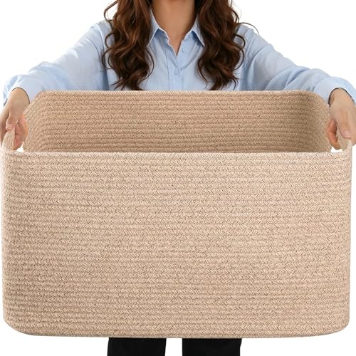Large 75L Woven Laundry Basket, Collapsible Cotton Rope Storage Hamper for Blankets, Toys, Dirty Clothes, Rectangle Nursery Basket for Living Room, Bedroom, Baby Room - Brown - color: Brown, size: 75L