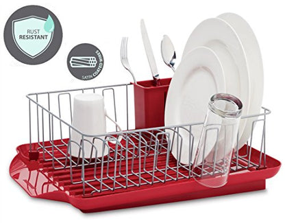 Farberware Classic Large Rust Resistant Full Dishrack with Removable 3 Compartment Flatware Caddy, Andlged Drain Board, 3-Piece, Red - color: Red
