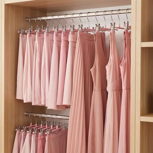 POZEAN Pants Hangers with Clips for Women 50 Pack, 12Inch Adjustable Heavy Duty Skirt Hangers, Space Saving Non-Slip Shorts Jeans Trousers Clothes Hangers, Pink - color: Pink, size: 50Pack