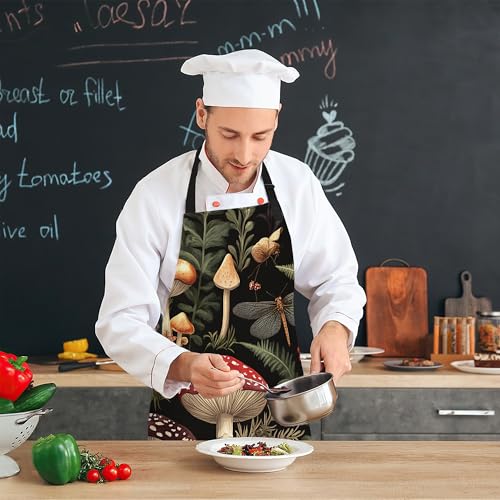 Cooking Aprons for Men and Women,Adjustable Bib Chef Apron with 2 Pockets, Soft and Durability Kitchen Apron - color: Mushroom Berry Dragonfly Forest
