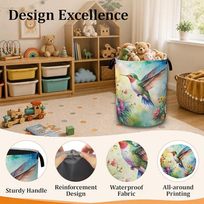 Hummingbird Flowers Collapsible Laundry Basket with Handles, Large Capacity Clothes Hamper, Waterproof Oxford Cloth Storage Basket for Laundry Room Bathroom - color: Hummingbird Flowers