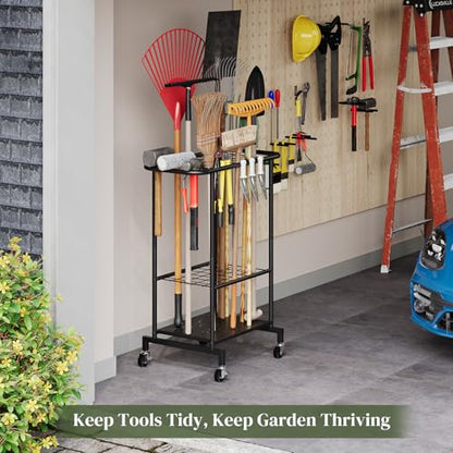 Rolling Garden Tool Organizer, Heavy Duty Steel Yard Tool Rack broom holder - style: Rack with Wheels