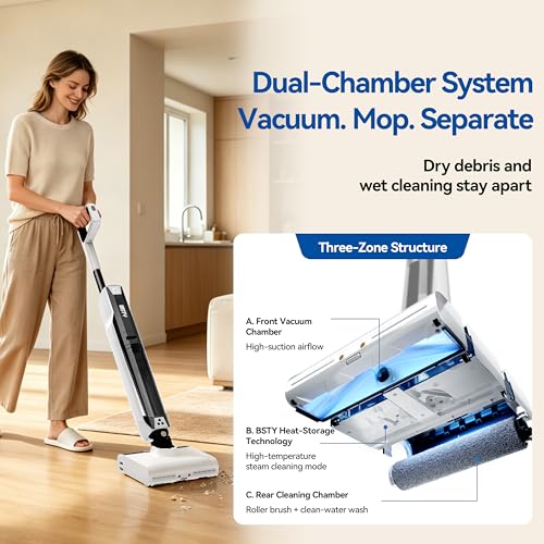 Dual-Chamber Wet Dry Vacuum Cleaner, 20,000Pa Suction, 392°F Steam Cleaning, Wet Dry Vacuum Mop with Smart App Control, Self-Cleaning & 40min Runtime, Ideal for Home & Pet Hair Cleaning, White