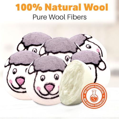 Wool Dryer Balls 6-Pack 100% Natural New Zealand Wool, Handmade in Nepal Reusable Laundry Balls, Faster Drying, Softer Clothes, Anti-Static, Dryer Sheets Alternative (Sheep) - color: Sheep