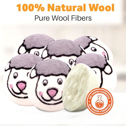 Wool Dryer Balls 6-Pack 100% Natural New Zealand Wool, Handmade in Nepal Reusable Laundry Balls, Faster Drying, Softer Clothes, Anti-Static, Dryer Sheets Alternative (Sheep) - color: Sheep