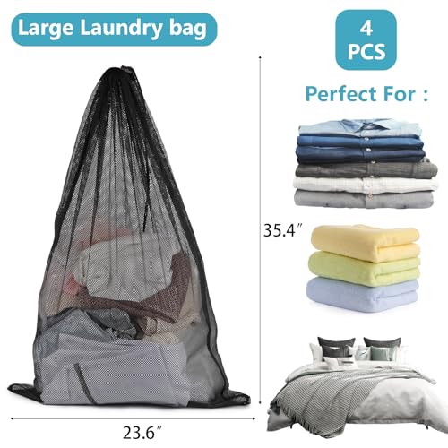 4 Pcs Laundry Bags Mesh Wash Bags 23.6 x 35 In Large Laundry Drawstring Bag
