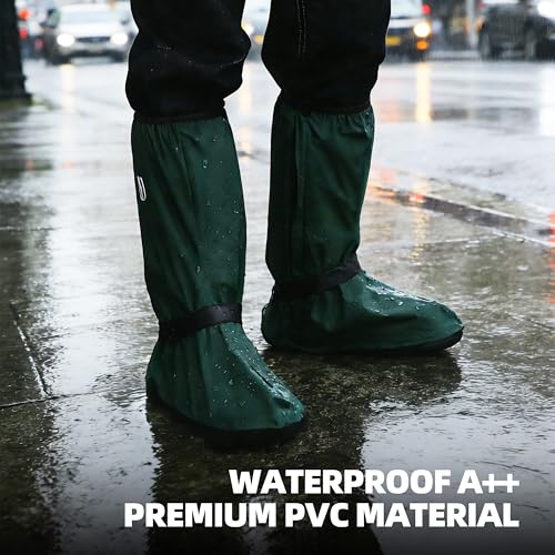Waterproof Reusable Boot Covers for Men & Women, Extended Mid-Calf Rain Shoe Covers with Side Zipper, Dual Buckle Fit, Slip-Resistant Sole, Reflective Trim & Storage Pouch - color: Green, size: M 5–6 / W 6.5–7.5