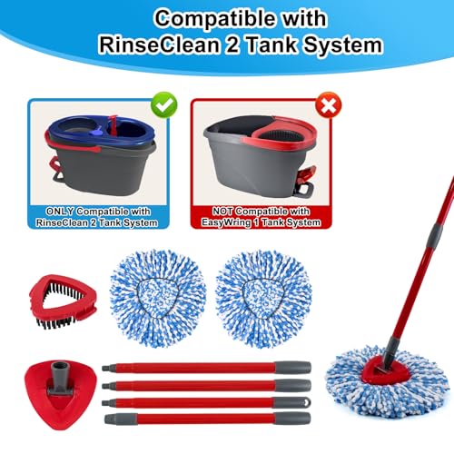 Spin Mop Handle Replacement for Ocedar, Mop Heads Replacements Compatible with RinseClean 2 Tank System,Include 2 Microfiber Mop Replace Heads,4 Section 30-58" Iron Mop Handle,1 Base and 1 Scrub Brush - size: 2 Tank