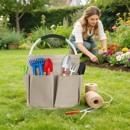 Foldable Cleaning Caddy with Handle and 6 Pockets, Khaki