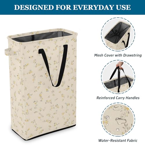 Yellow Small Floral Laundry Hamper Dirty Clothes Laundry Basket Bin for Bedroom Bathroom with Handles Slim Tall Collapsible Waterproof Freestanding 48L - color: Yellow Small Floral