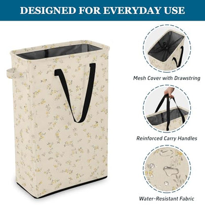 Yellow Small Floral Laundry Hamper Dirty Clothes Laundry Basket Bin for Bedroom Bathroom with Handles Slim Tall Collapsible Waterproof Freestanding 48L - color: Yellow Small Floral