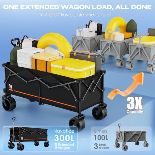 Navatiee 48" L Collapsible Extended Wagon, 440Lbs Heavy Duty Wagons Carts Foldable, 300L Extra Large Beach Wagon with Big All-Terrain Wheels for Sand, Folding Utility Garden Cart for Outdoor, Black - color: Black, size: 300L