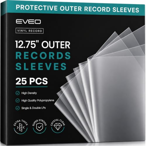 EVEO 25 Vinyl Record Sleeves Outer – Crystal Clear Outer Vinyl Sleeves LP Album Covers 12.75"x12.75" | Perfect Fit Protective 3 Mil Protection for Single & Double LPs - Archival Quality - size: Outer Sleeves x25 Count