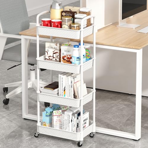 MOYIPIN 4-Tier Plastic Rolling Utility Cart with Handle,White - color: White, size: 4-Tiers without cups