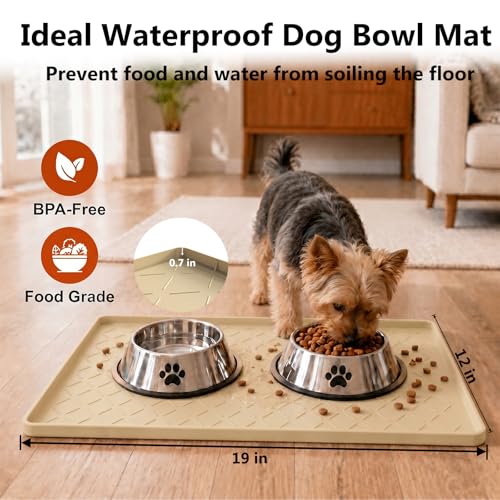 MateeyLife Silicone Waterproof Mat for Dog & Cat Food Mat 19"X12" - color: Khaki, size: 19"L x 12"W
