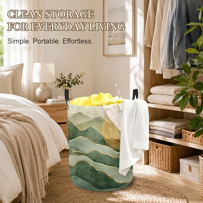Laundry Hamper, Green Mountains Collapsible Golden Sun Laundry Baskets Waterproof Oxford Cloth With Handles, Clothes Storage Bucket For Bathroom/Bedroom 16" x 20.8" - color: Green Mountains