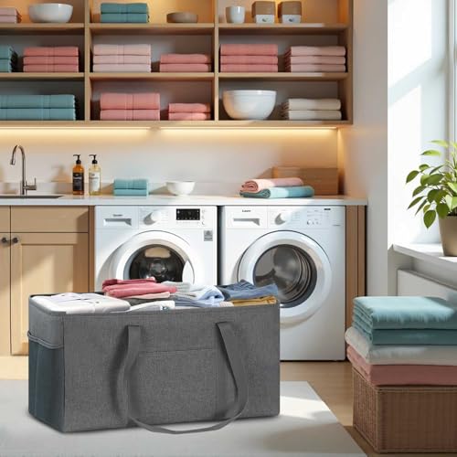 LHZK 2 Pack Extra Large Utility Tote Bag with Metal Wire Frame and the Sides Rinforced, Extra Large Tote Bag with Handle, Reusable Grocery Bags Foldable, Beach Bag, Car Tote (Gray, 26''x15''x13'') - color: Dark Gray, size: 26''x15''x13''-2 Pack