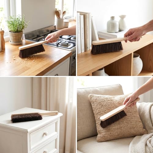 10-Piece Wooden Dust Brush Set with Long Handle, Soft Bristle Hand Broom
