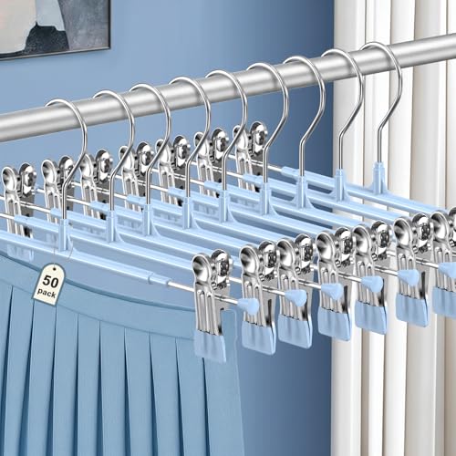 POZEAN Pants Hangers with Clips for Women 50 Pack, 12Inch Adjustable Heavy Duty Skirt Hangers, Space Saving Non-Slip Shorts Jeans Trousers Clothes Hangers, Blue - color: Blue, size: 50Pack