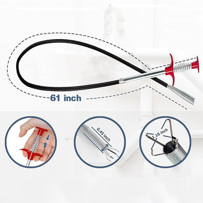 Drain Snake, Hair Drain Clog Remover Tool - 61 inch Snake Drain Hair Removal Tool for Sewer Kitchen Bathroom Tub Clogged Drains Opener Cleaning Tool, Flexible Grabber Claw Pick Up Reacher - color: R61