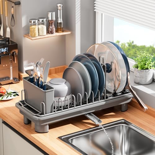 Small Dish Drying Rack, Stainless Steel with Drain Board & Utensil Holder - color: Gray