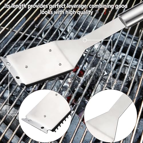 16.5” Grill Brush and Scraper with 2 Brush Replacements & 1 Screwdriver, Wire BBQ Grill Brush for Outdoor Grill, 304 Stainless Steel Cleaning Brush BBQ Grill Accessories