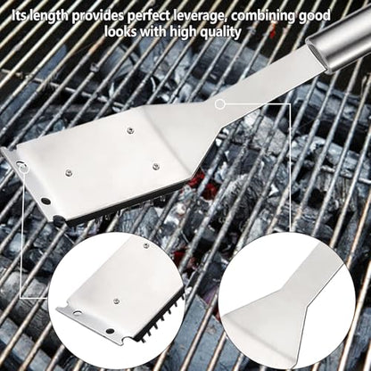 16.5” Grill Brush and Scraper with 2 Brush Replacements & 1 Screwdriver, Wire BBQ Grill Brush for Outdoor Grill, 304 Stainless Steel Cleaning Brush BBQ Grill Accessories