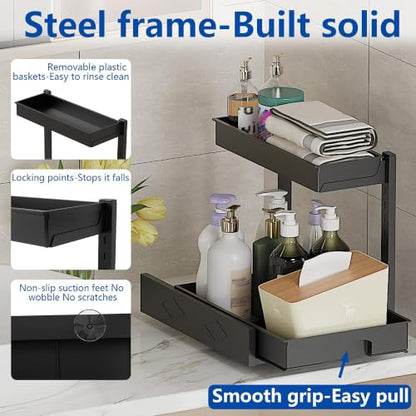 BLULEE 2 Pack Under Sink Organizer, Adjustable Pull Out Storage Rack