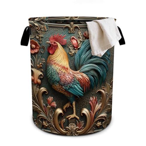 Rooster Laundry Basket Collapsible Oxford Cloth Fabric Hamper,Tote Bag Portable Storage Bin for Bedroom Bathroom Laundry Room 19.6x15.7 Inch - color: Rooster