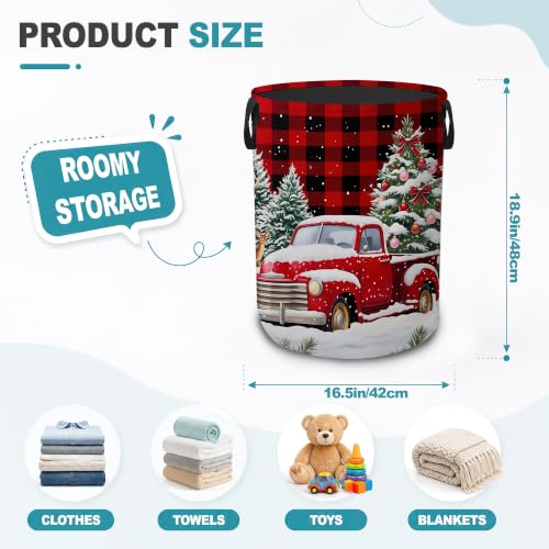 Christmas Red Truck Collapsible Laundry Hamper,Winter Deer Waterproof Oxford Cloth Clothes Basket with Handles for Bathroom Bedroom Nursery Dorm Room,16" x 20" - color: Christmas Red Truck,Winter Deer