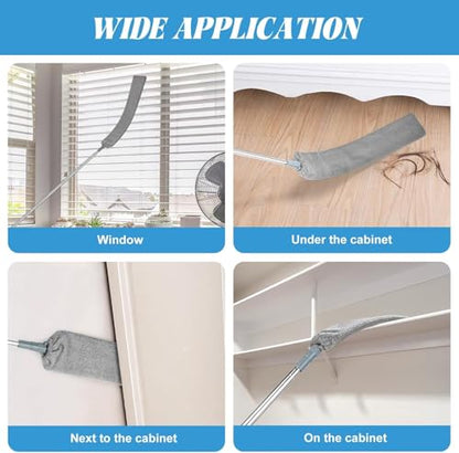 Retractable Gap Dust Cleaner with 15-98 Inch Extension Pole, Flat Duster for Under Appliances and Furniture, Includes 2 Washable Microfiber Pads for High Ceilings and Hard to Reach Spaces