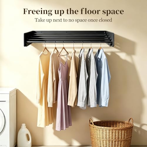Wall Mounted Foldable Clothes Drying Rack Carbon Steel 5 Rods, Space-Saving Laundry Drying Rack with Wall Template (1, Black, 19.69") - color: Black, size: 19.69"